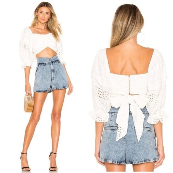 Marissa Webb Pascal Eyelet Crop Top 2 White Wrap Tie Puff Sleeve Embroidered - Picture 1 of 16